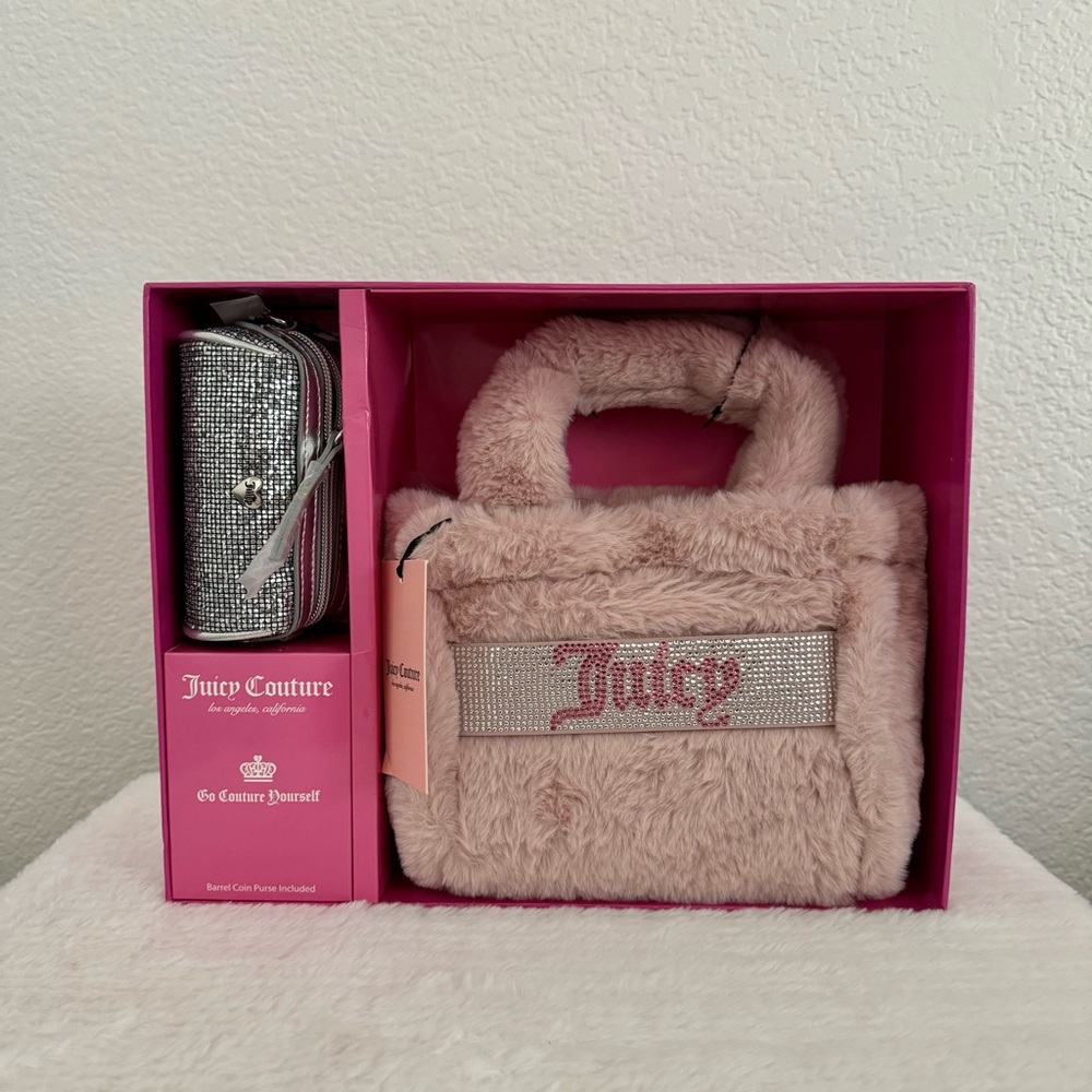 Boxed JUICY COUTURE dusty blush mini tote and barrel coin purse gift set NIB